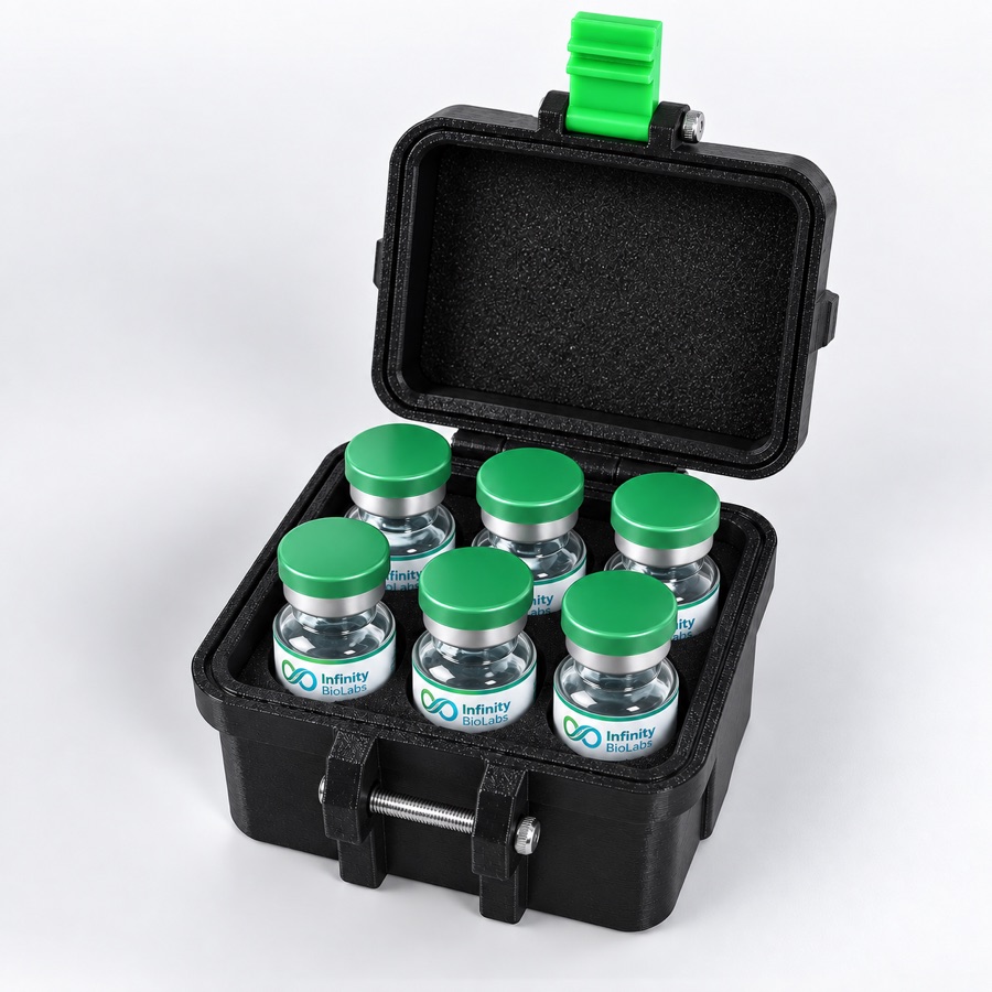 Open Infinity BioLabs peptide case holding six vials